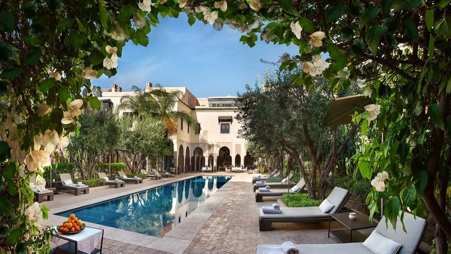 Long pool with sunbeds and trees in the swimming pool area at La Villa des Orangers