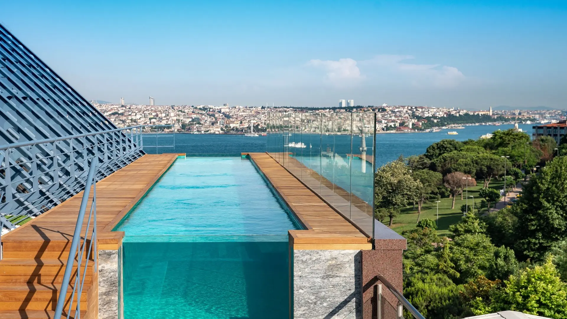 Infinity pool with Turkish-inspired style at the The Luxurious Ritz-Carlton, Istanbul.