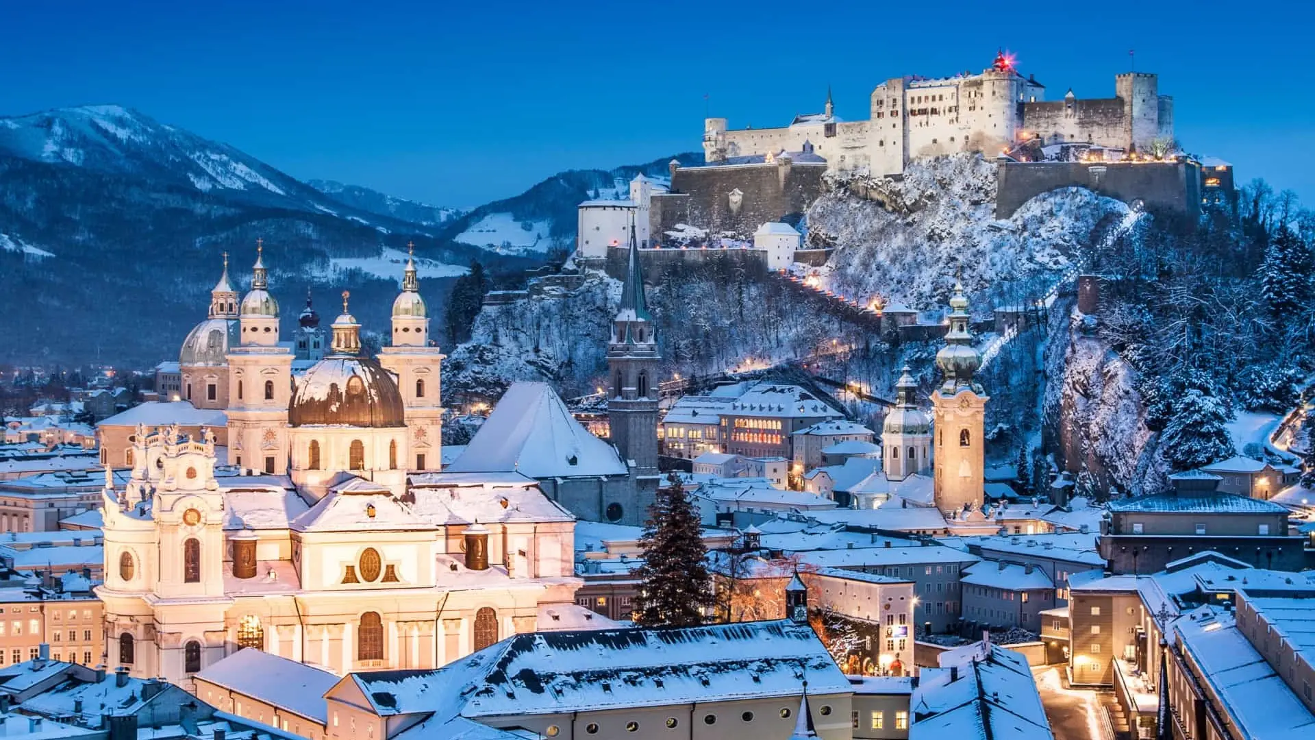 An overlook of the city of Salzburg in snow