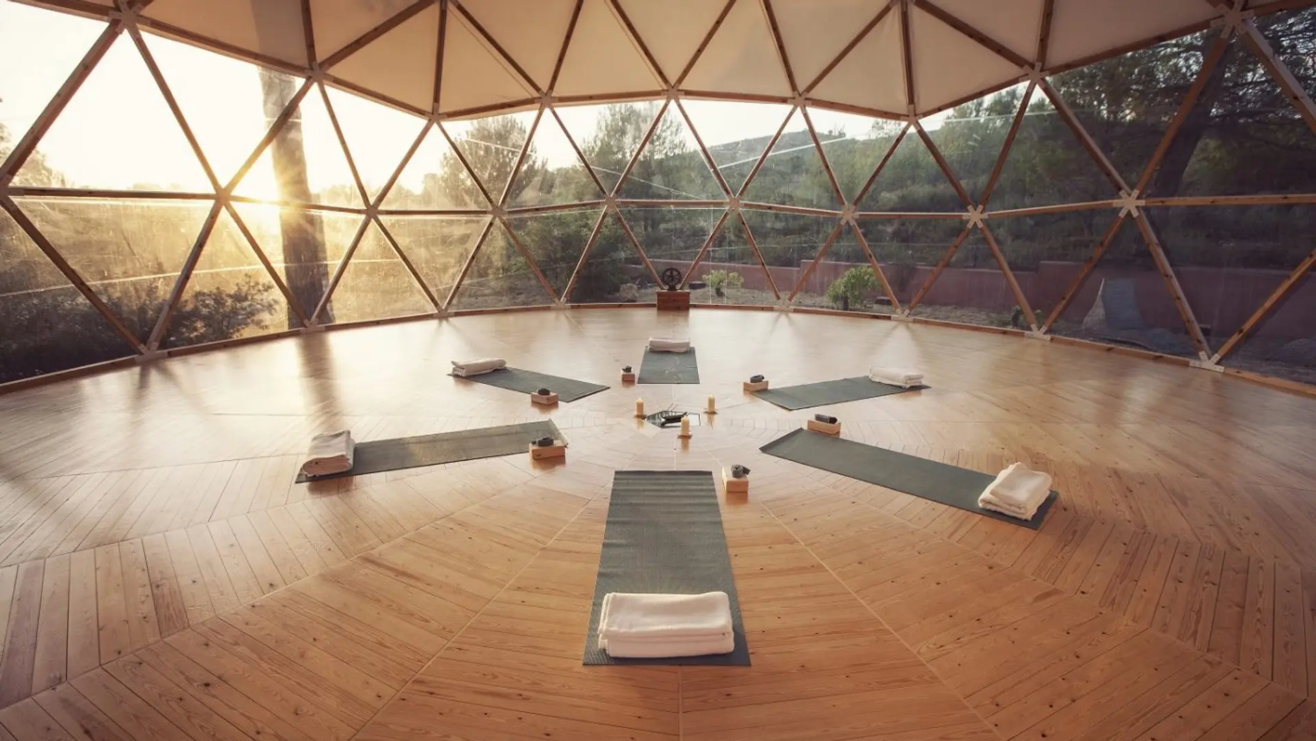 yoga room surrounded by glass.