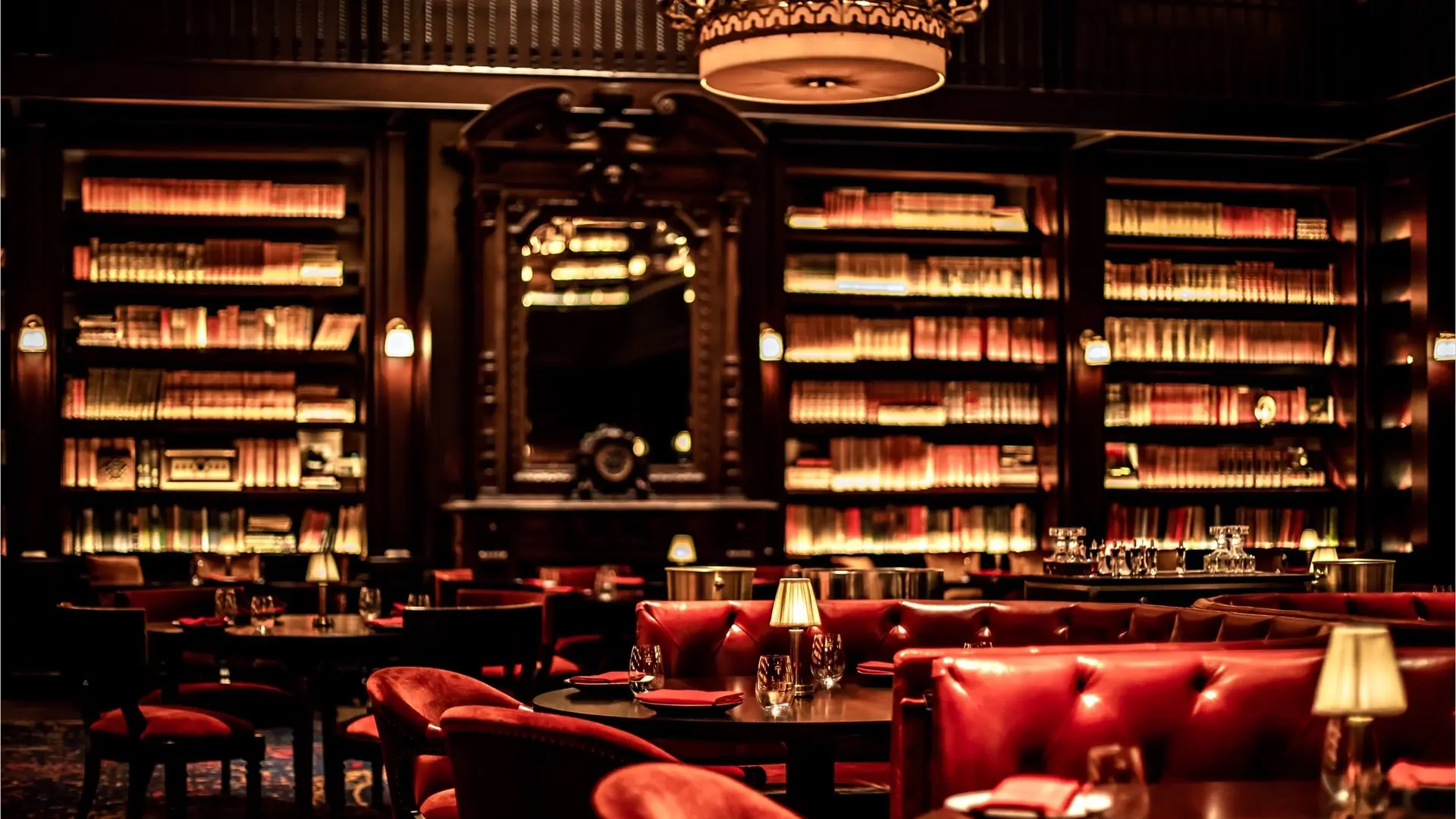 Dining area at The NoMad Las Vegas, with red leather sofas, red chairs, and black tables, tender lighting, dark wooden walls, and library.