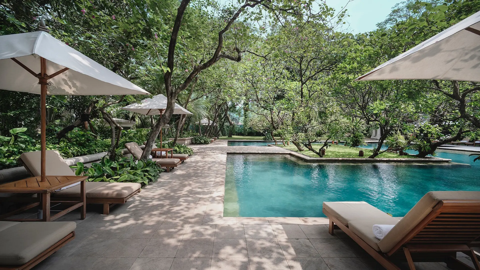 Outside pool area with trees, plants and sunbeds at the Dharmawangsa jakarta