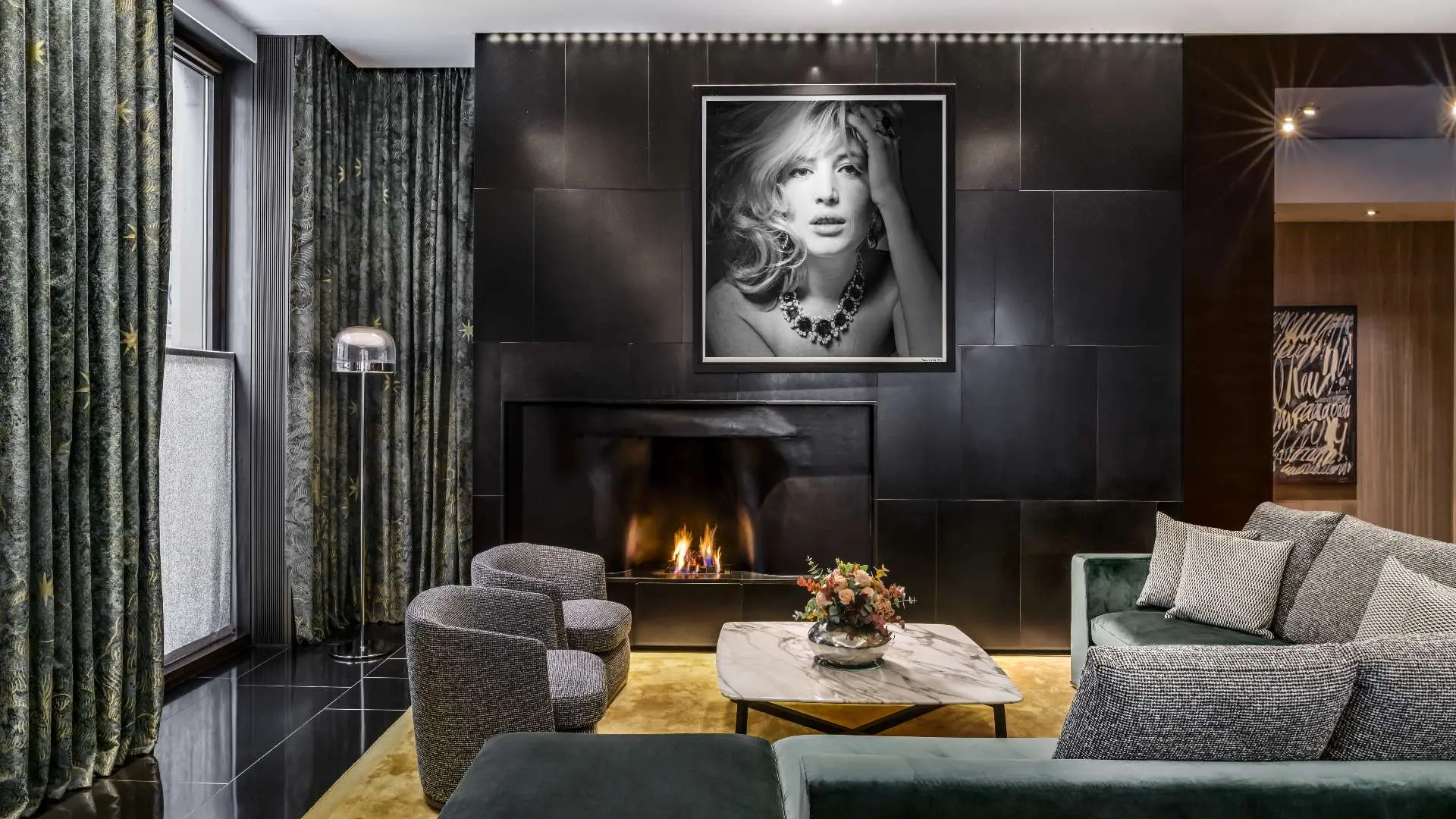 Luxury lounge with a fireplace at bulgari hotel london
