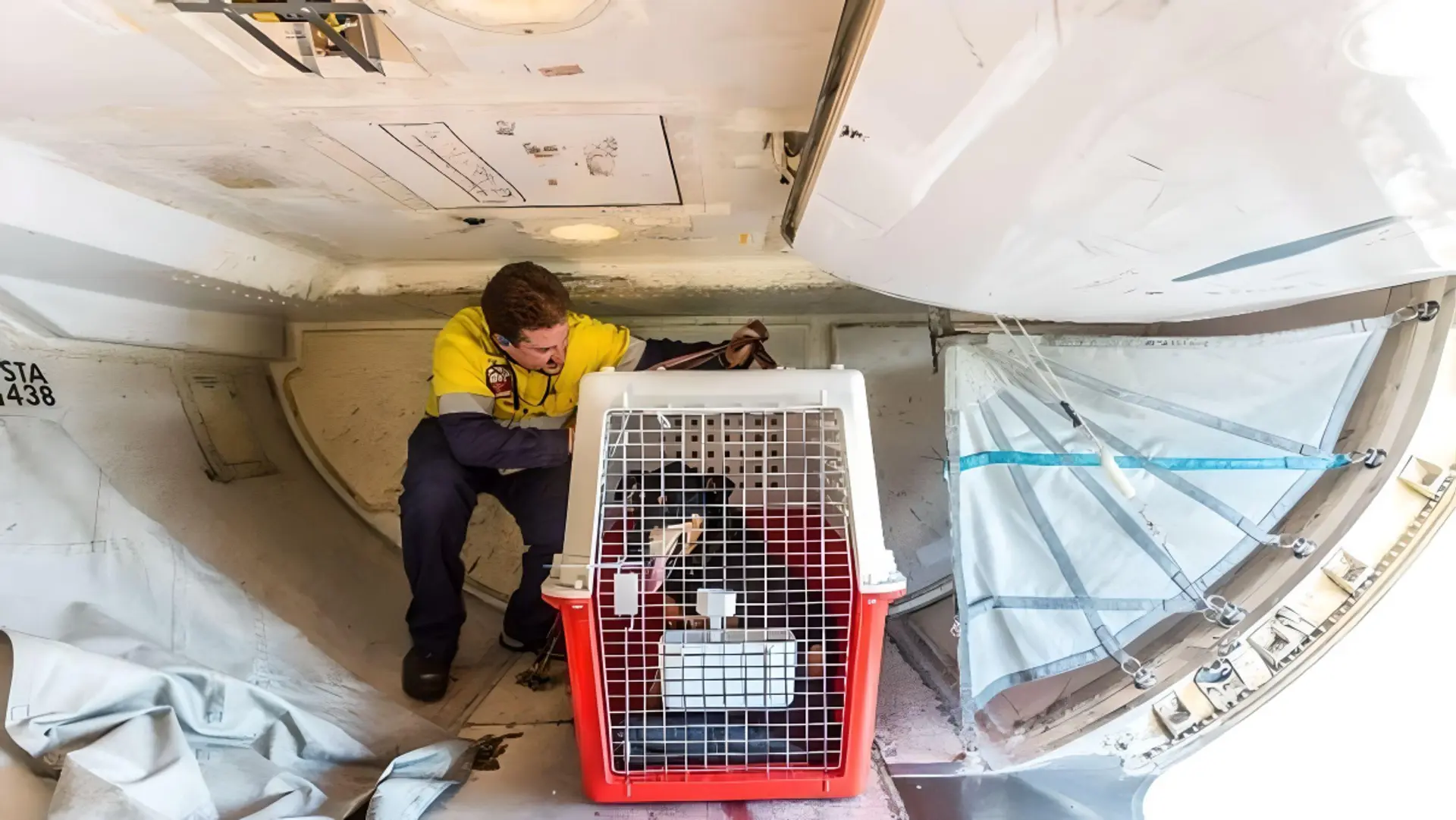 Employee at the aircraft takes care of passengers pet