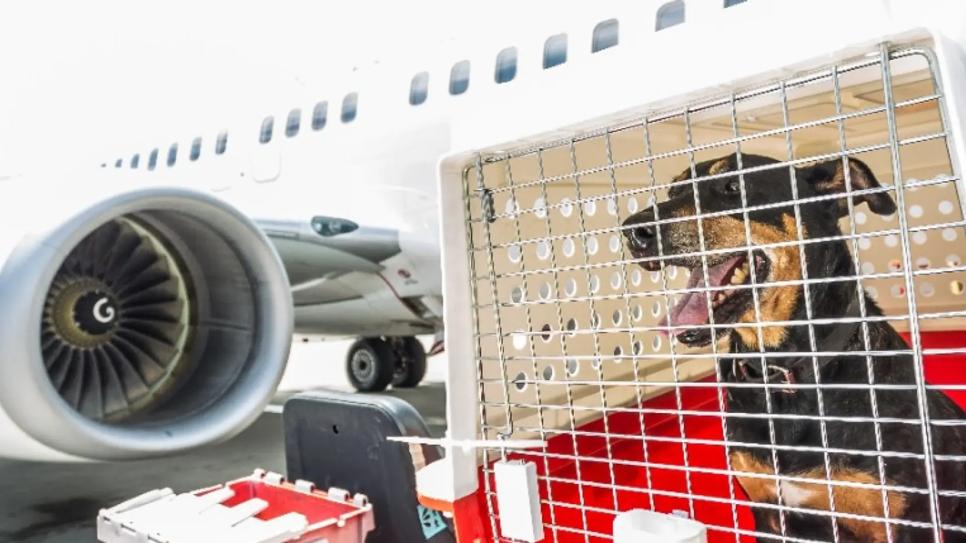Dog inside travel cage waiting for take off