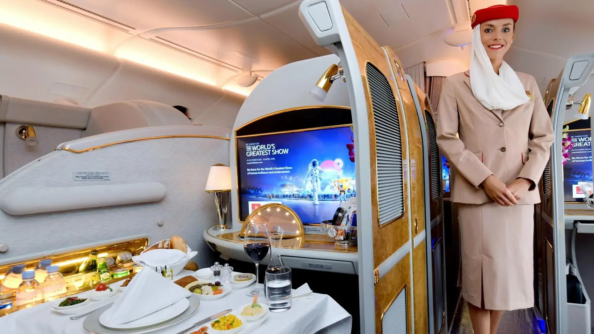 airhostess standing near a first class seat of emirates