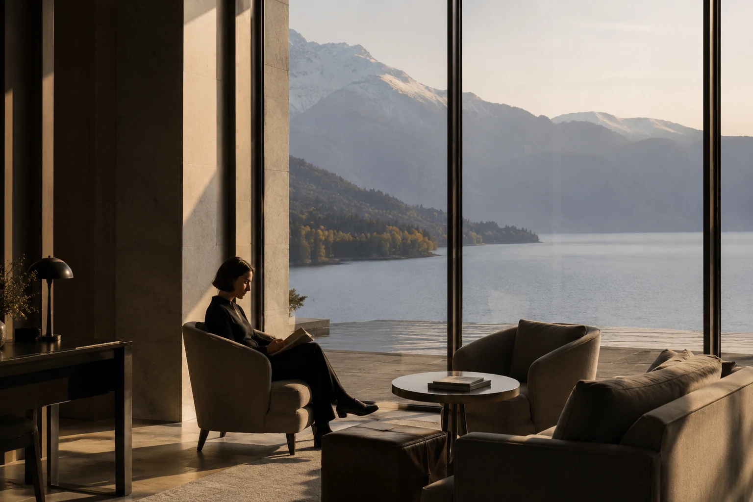 Un viajero leyendo en una sala junto a un lago con vistas a las montañas al amanecer