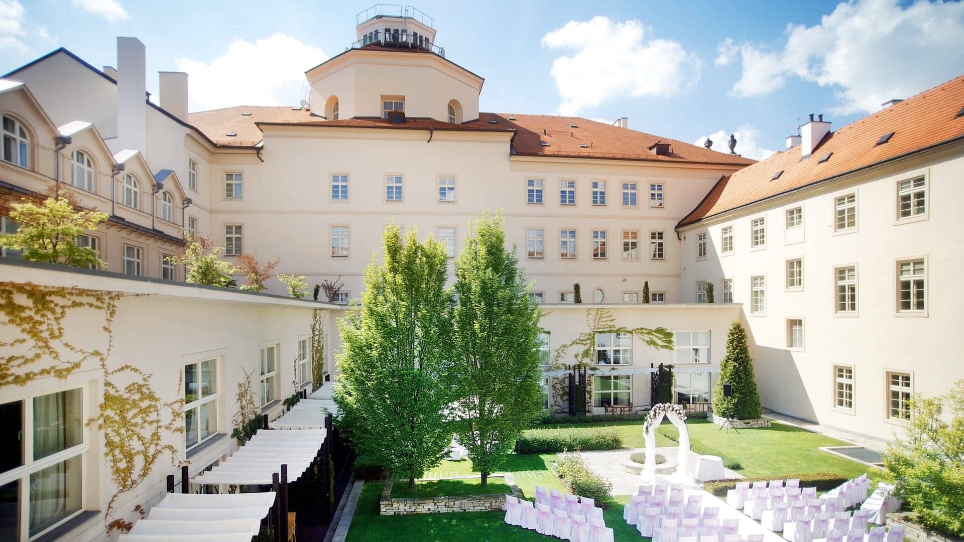 garden area in the middle of The&nbsp;Mandarin Oriental Prague 