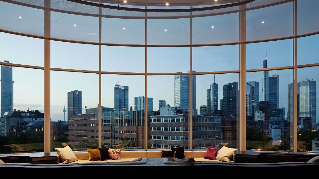 a view from inside Roomers, Frankfurt  overlooking the city's skyscrapers