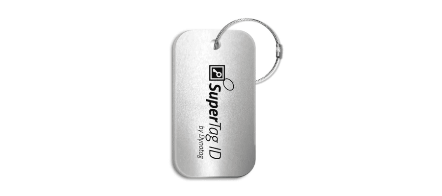 Grey square formed entity with text saying SuperTag ID by Dynotag with a key ring at the top