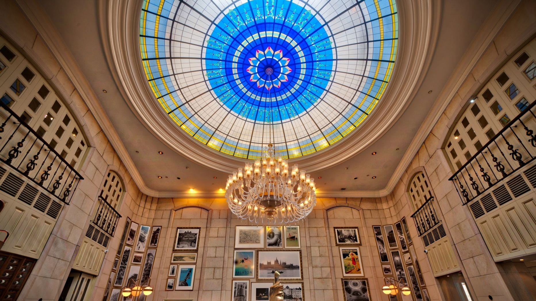 Painting wall and blue pattern roof lamp at the Ritz-Carlton, Budapest.