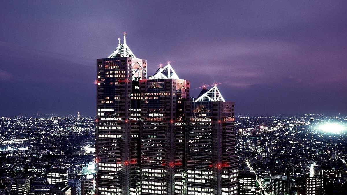 Three black composed biuldings with light roof in the heart of Tokyo, Park Hyatt, Tokyo.