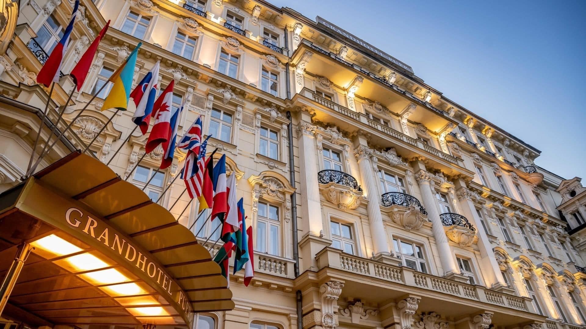 Outside frog view of the Grandhotel Pupp in Czech Republic with white and luxerious design.