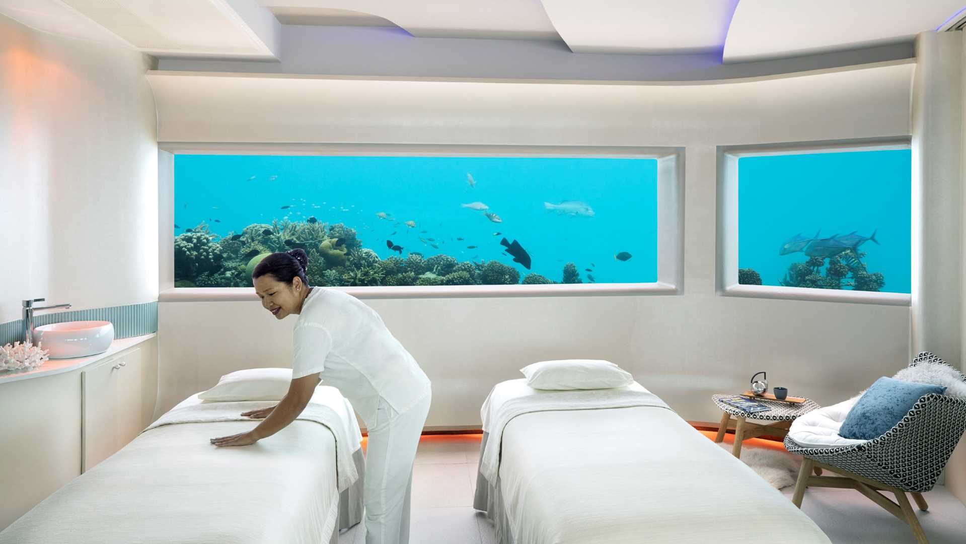 Underwater spa with windows to water at Huvafen Fushi Maldives.