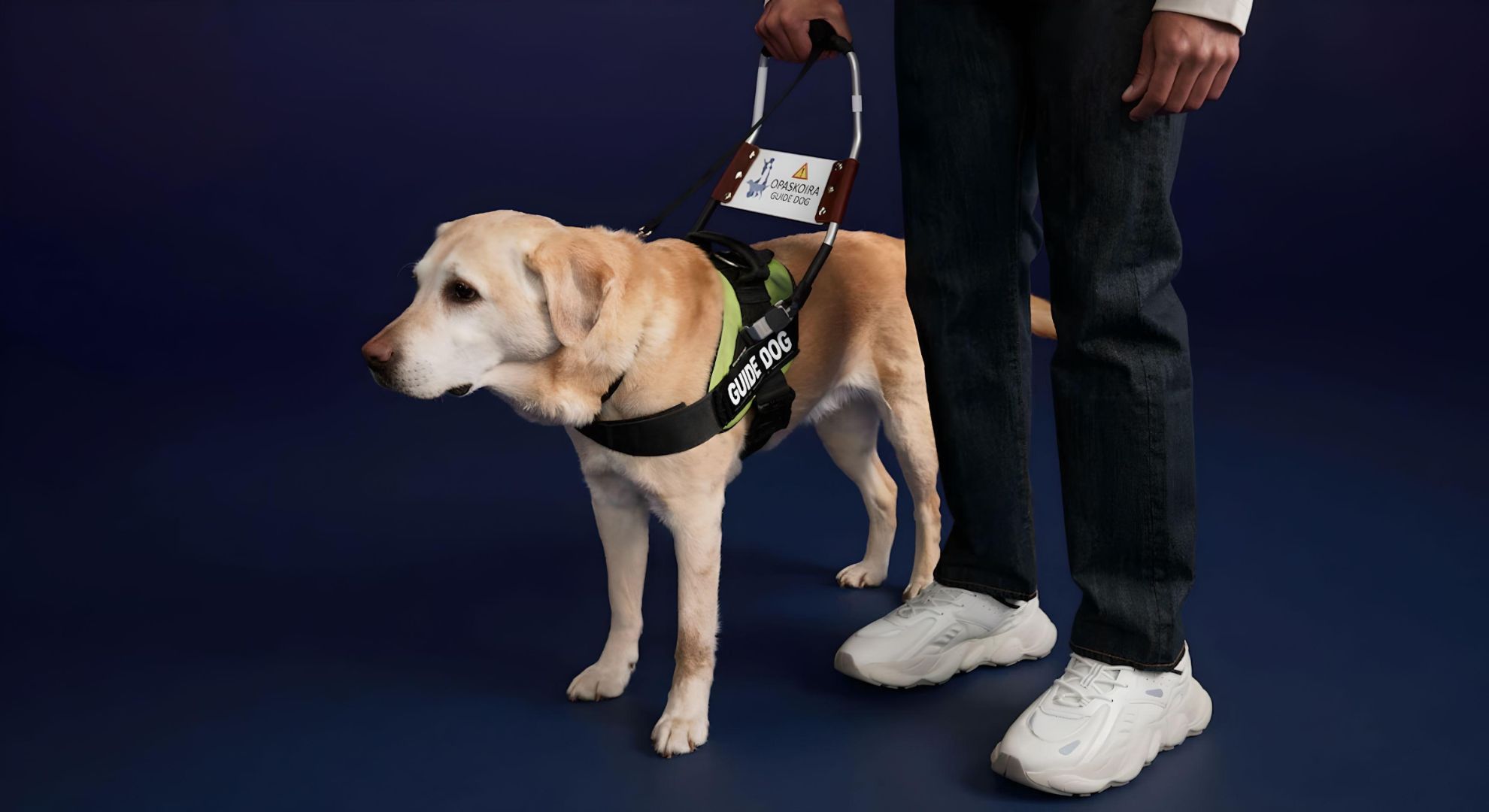 Beige labrador waiting for image caption with owner