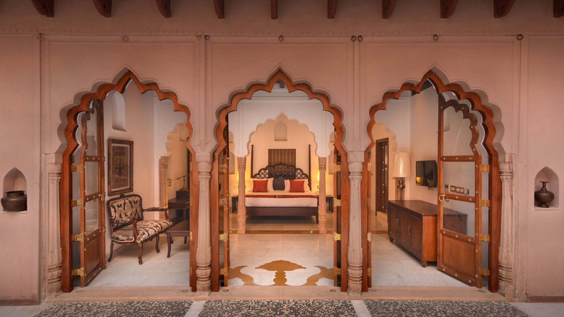 View into a suite at The Haveli with tender colours