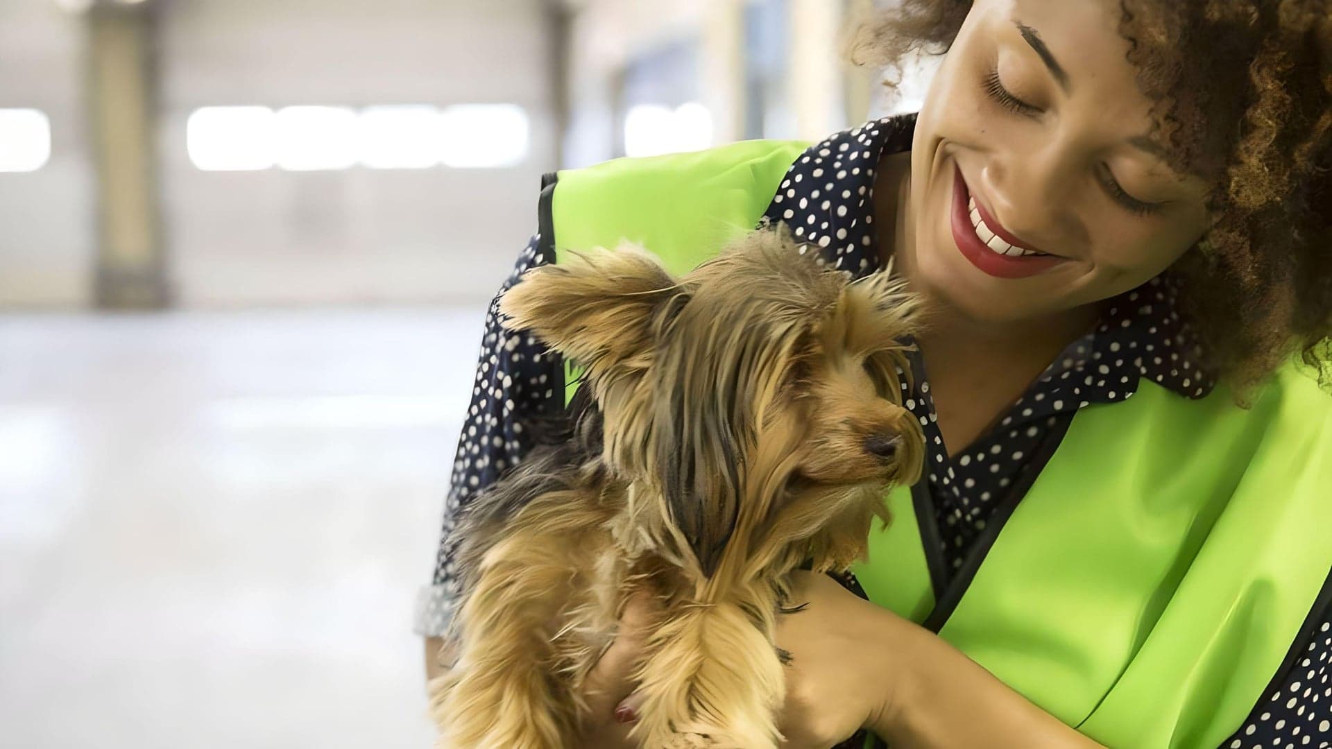 Female employee cuddles with dog passenger