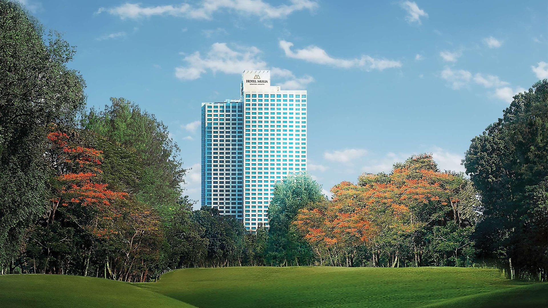 Hotel mulia senavan jakarta seen from a park
