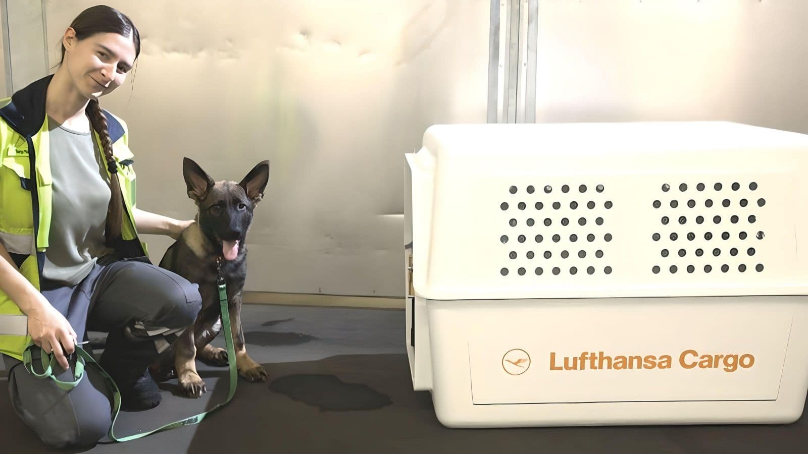 Employee pets passengers dog and prepares the dog for the fligth