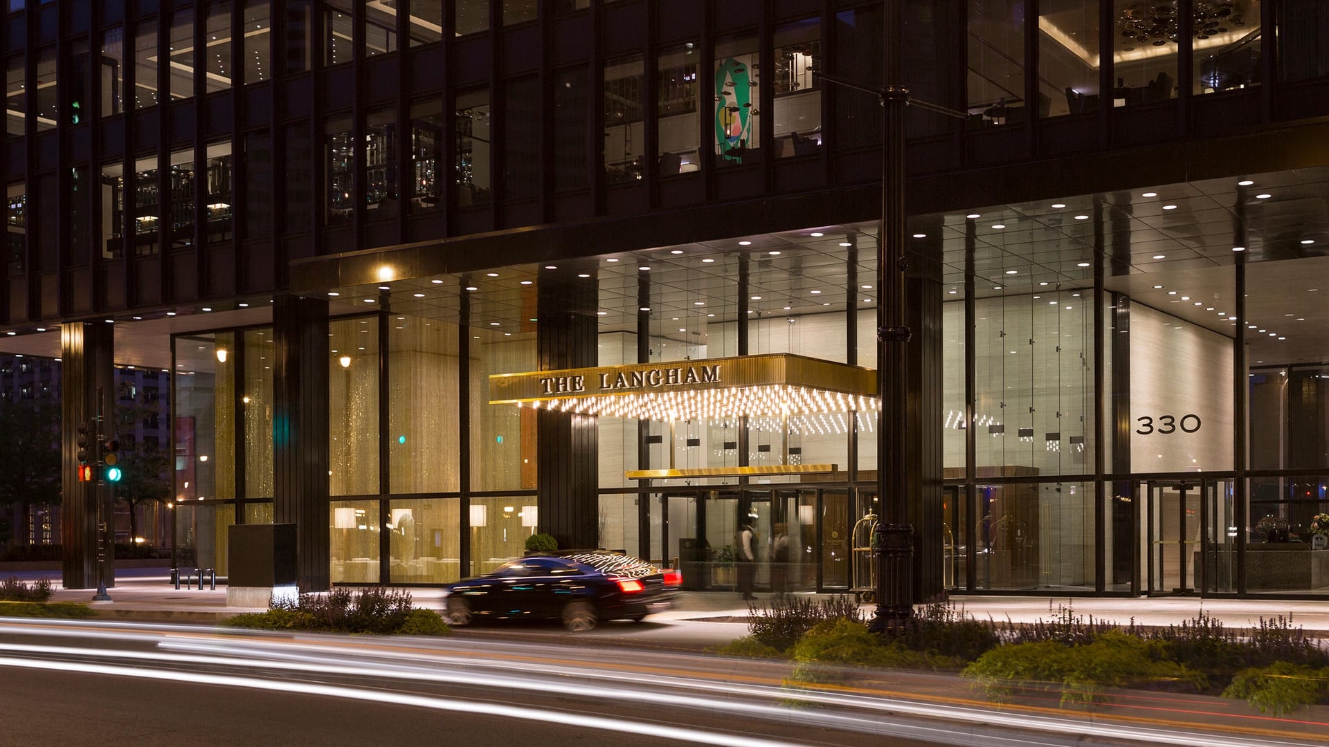 Outside The Langham hotel in Chicago at night time
