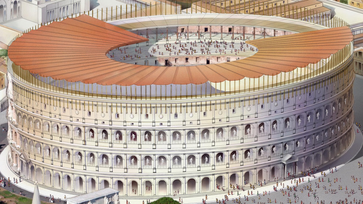 "Photo capturing the exterior of the Colosseum with the remnants of the Velarium, under a bright daytime sky. The ancient Roman architecture stands majestic, with its iconic arches and partial Velarium structure, against a backdrop of a clear blue sky."