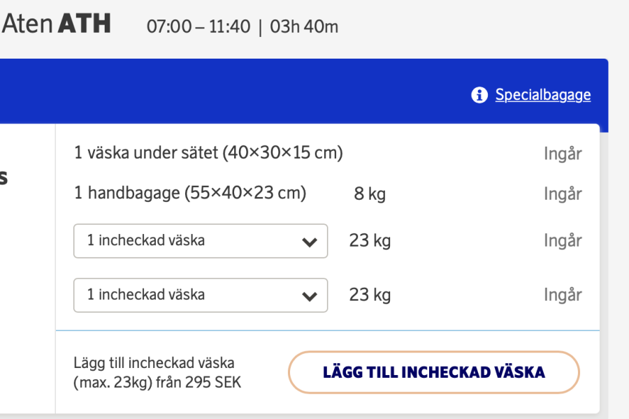 Ingår incheckade väskor på SAS Go Light youth?