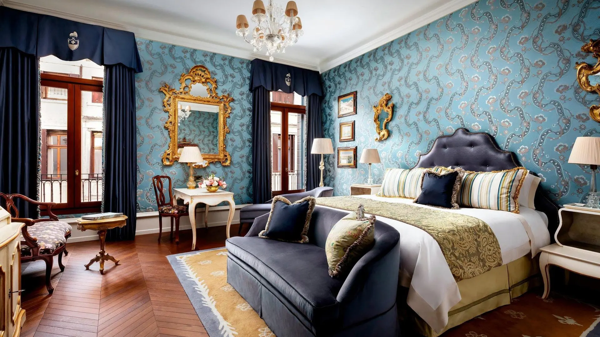 Suite at the Gritti Palace with blue design and view of the city