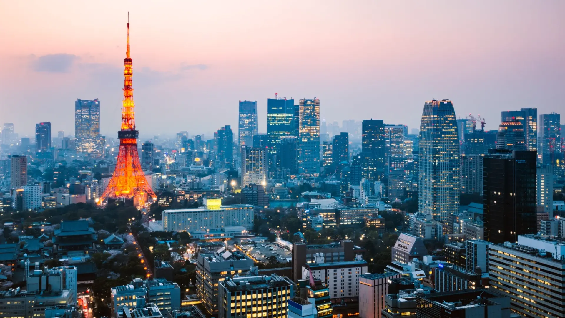 View of The Tokyo Tower or "Shiba-Koen" taken in nighttime lighting up the city with a natural warm colour.