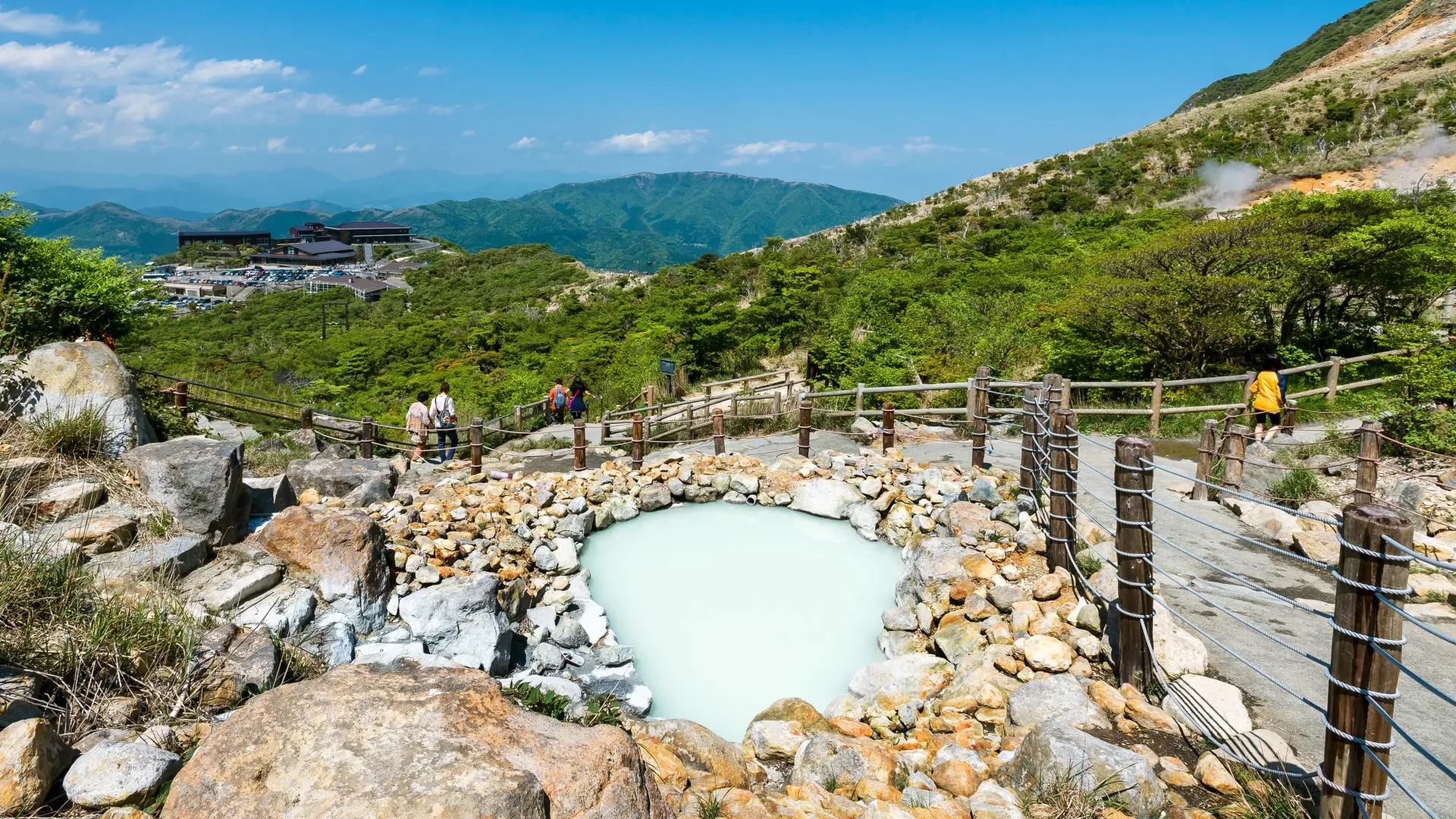 Hakone Jinja Shinto, milk looking water, stones, nature and hill mountain climbing trail.